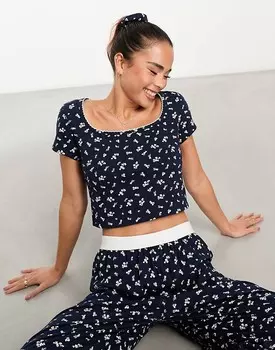 ASOS DESIGN – Mix & Match – Пижамная футболка темно-синего цвета с цветочным принтом, краем пико и резинкой для волос