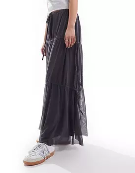 ASOS DESIGN – Многоярусная темно-серая макси-юбка из сетки с несколькими завязками