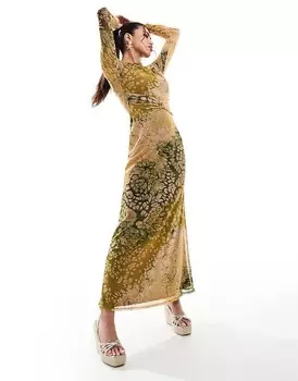 ASOS DESIGN – Modesty – Платье макси из сетки с длинными рукавами, укороченной талией и крапчатыми оборками