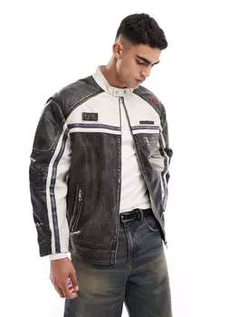 ASOS DESIGN - Мотоциклетная куртка из натуральной кожи черного цвета с эффектом потертости