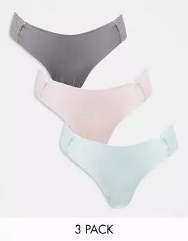 ASOS DESIGN – Набор из трех невзрачных стрингов нежно-розового, синего и серого цветов с кружевом по бокам