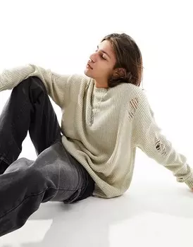 ASOS DESIGN – Объемный вязаный свитер каменно-бежевого цвета с ребристым узором и сметочной строчкой