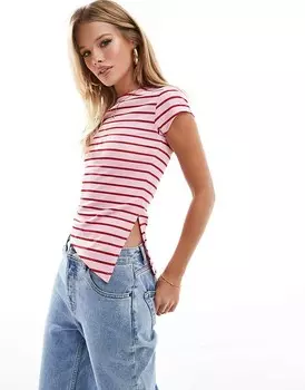 ASOS DESIGN – облегающая короткая футболка розового цвета с полосками и асимметричным подолом