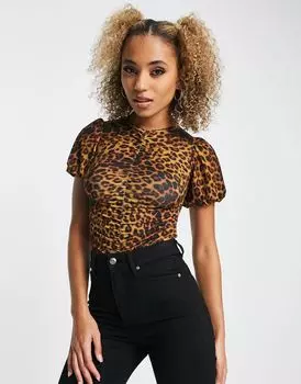 ASOS DESIGN – облегающее боди с леопардовым принтом, оборками и пышными рукавами