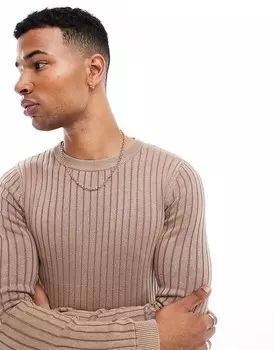 ASOS DESIGN — облегающий свитер из стираной коричневой ткани в рубчик