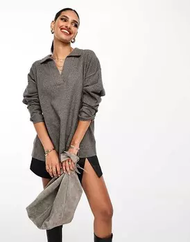 ASOS Design – Очень мягкий длинный свитер антрацитового цвета с воротником-поло, комбинированная деталь