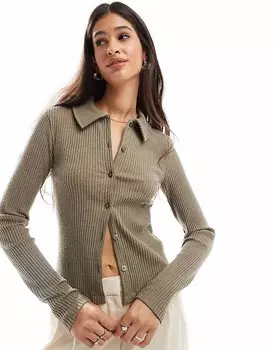 ASOS DESIGN – Очень мягкий темно-серый кардиган в рубчик с воротником и укороченным кроем