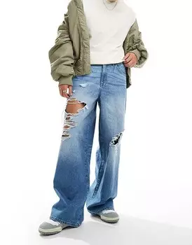 ASOS DESIGN – Очень широкие джинсы синего цвета с потертостями