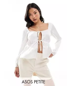 ASOS DESIGN Petite – Белый атласный топ в стиле бэби-долл с кружевной отделкой и завязкой спереди
