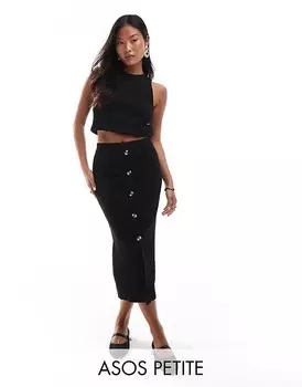 ASOS DESIGN Petite – Черная юбка миди в рубчик с роговыми пуговицами