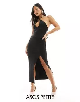 ASOS DESIGN Petite – черное платье миди цвета скуба с вырезом и воротником-бретелькой