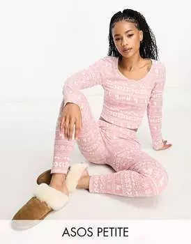 ASOS DESIGN Petite Christmas гламурный пижамный комплект с длинными рукавами и леггинсами розового цвета