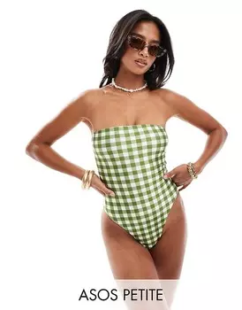 ASOS DESIGN Petite – Элегантный купальник без бретелек зеленого цвета в мелкую клетку