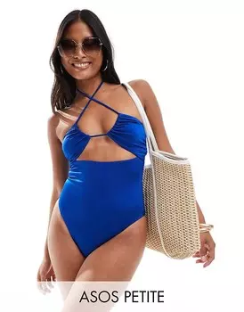 ASOS DESIGN Petite – Maya – Синий купальник с каплевидным вырезом и рюшами