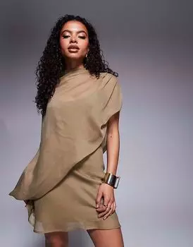 ASOS DESIGN Petite мини-платье с высоким воротом, драпировкой и асимметричным вырезом, серо-коричневого цвета ASOS Petite