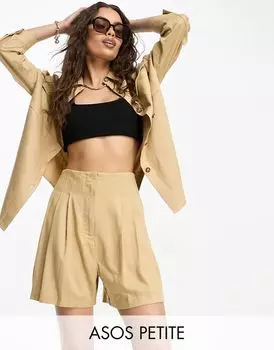 ASOS DESIGN Petite шорты из смесового льна нейтрального цвета с декоративными швами на талии