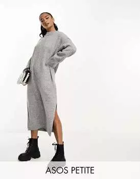 ASOS DESIGN Petite свободного трикотажного платья миди свободного кроя с круглым вырезом и деталями по шву серого цвета