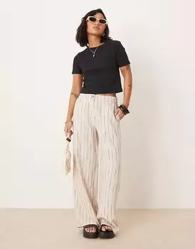 ASOS DESIGN Petite свободные прямые брюки натурального цвета с льном и волнистой полоской