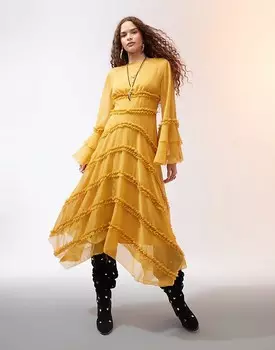 ASOS DESIGN – Платье цвета охры с рюшами, многоярусным подолом и объемными рукавами с рюшами