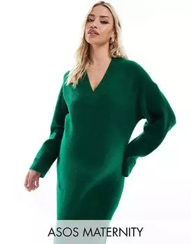 ASOS DESIGN Платье для беременных мидакси с V-образным вырезом темно-зеленого цвета
