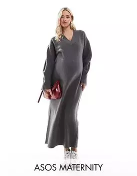 ASOS DESIGN Платье для беременных мидакси с V-образным вырезом в цвете древесного угля