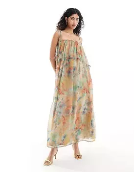 ASOS DESIGN – Платье-майка макси со сборками на талии и размытым принтом