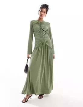 ASOS DESIGN – платье макси цвета хаки со складками спереди