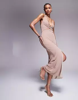 ASOS DESIGN – Платье макси мокко с глубоким вырезом, ремешками и золотистой отделкой