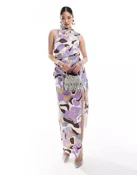 ASOS DESIGN – Платье макси с драпировкой и абстрактным принтом, высоким воротником, одним плечевым ремнем и высоким разрезом