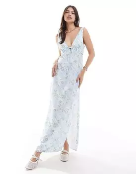 ASOS DESIGN Платье макси с завязками спереди и бретелями в синем клетчатом узоре и цветах