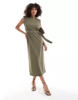 ASOS DESIGN — Платье миди без рукавов с подплечниками и поясом, цвет хаки