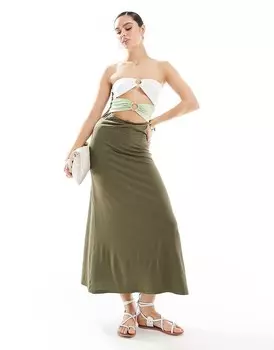 ASOS DESIGN – Платье миди цвета хаки с вырезами, рюшами и кольцами