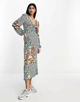ASOS DESIGN – Платье миди с длинными рукавами, V-образным вырезом и ярким узором