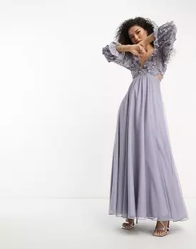 ASOS DESIGN – Платье миди с сиреневой юбкой из тюля, запахом спереди и цветочным декором