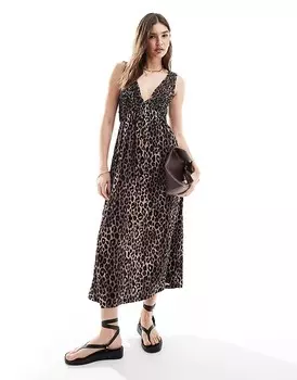 ASOS DESIGN – Платье миди с V-образным вырезом и тремя юбками с леопардовым принтом