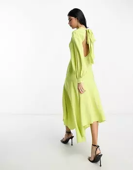 ASOS DESIGN – Платье миди с высоким воротником зеленого лайма, завязками сзади, асимметричным подолом и вырезом спереди