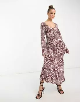 ASOS DESIGN – платье миди в полоску под зебру с длинными рукавами и завязкой спереди