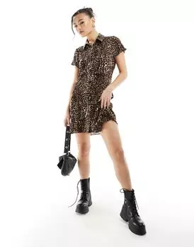 ASOS DESIGN - Плиссированное мини-платье с леопардовым принтом на пуговицах