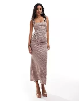 ASOS DESIGN – Плиссированное платье миди светло-розового цвета с бретелями с рюшами и квадратным вырезом