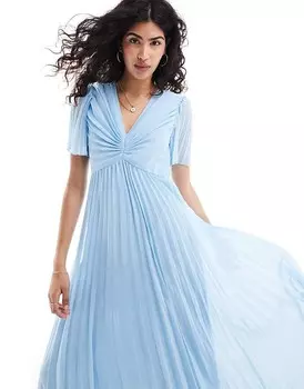 ASOS DESIGN – Плиссированное платье миди туманно-синего цвета с развевающимися рукавами