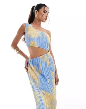 ASOS DESIGN – Плиссированное синее платье миди на одно плечо с вырезом в цветочном узоре