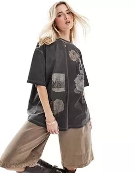 ASOS DESIGN – Плотная графитовая футболка-бойфренд с графикой Polaroid, мотивом Нью-Йорка и эффектом стирания