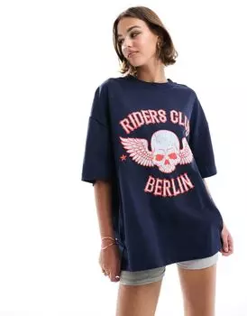 ASOS DESIGN – плотная темно-синяя футболка-бойфренд с рок-графикой Riders Club