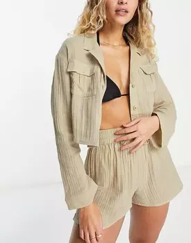 ASOS DESIGN – Пляжная рубашка оверсайз из овсяного двухслойного хлопкового муслина с карманами, однотонная