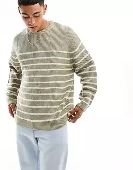 ASOS DESIGN Полосатый свитер оверсайз каменно-белого цвета с круглым вырезом и лакированным принтом