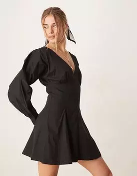 ASOS DESIGN поплиновое мини-платье с длинными рукавами и v-образным вырезом черного цвета