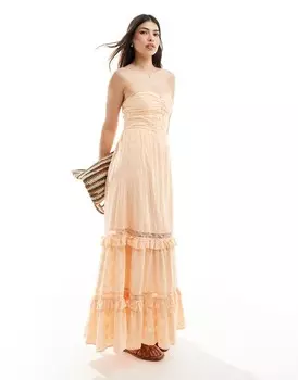 ASOS DESIGN - Premium - Летнее платье-бандо светло-персикового цвета с английской вышивкой и корсетным вырезом на пуговицах