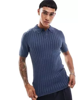ASOS DESIGN – Приталенная трикотажная рубашка-поло темно-синего цвета с широкой ребристой структурой