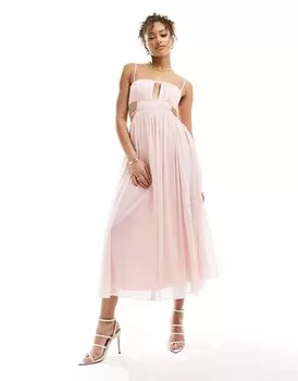 ASOS DESIGN – Приталенное платье миди нежно-розового цвета с корсетным лифом, бретелями и вырезом