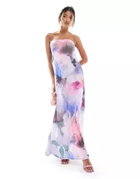 ASOS DESIGN Приталенное платье миди с вырезом-бандо и расклешенным подолом с акварельным узором
